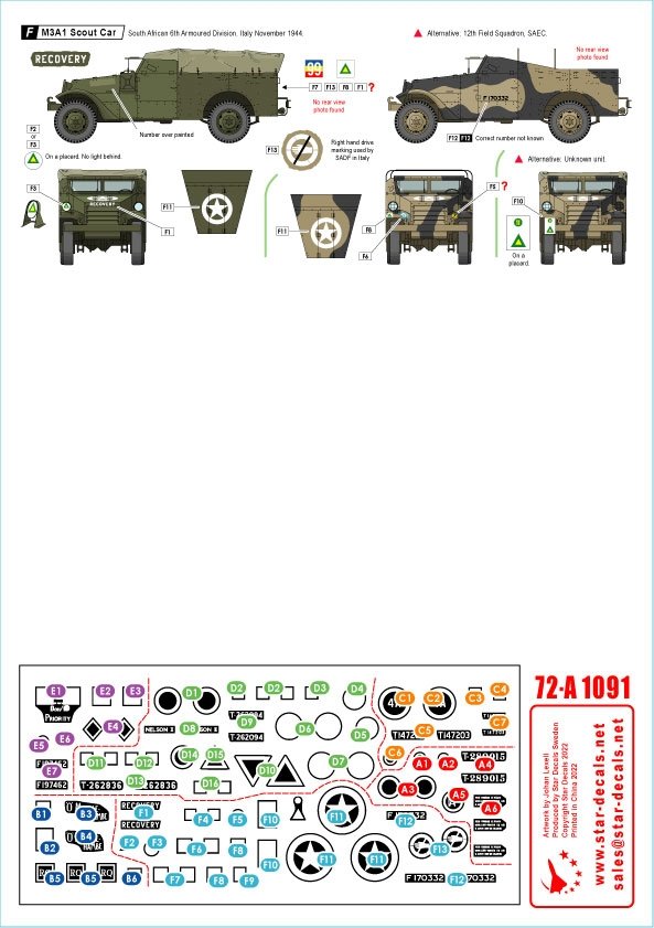 Star Decals 72-A1091 Chars et véhicules blindés sud-africains en Italie : Sherman IIA, Sherman Firefly VC, Sherman V AOP, M3A1 Scout Car, Humber Scout Car. Échelle : 1/72 – image 3