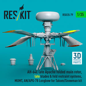 RESKIT RSU35-0079 AH-64E late Apache folded main rotor, late blades &amp; fold restraint systems, MUMT, AN/APG-78 Longbow for Takom/Snowman kit (3D Printed) 1/35