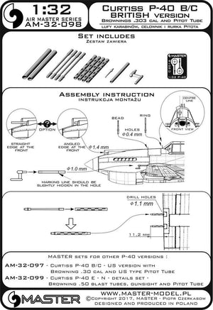 Master AM-32-098 Curtiss P-40 B/C Tomahawk II - Version britannique - Canons de fusil Browning de calibre .30 et tubes Pitot version britannique (1/32) – image 3