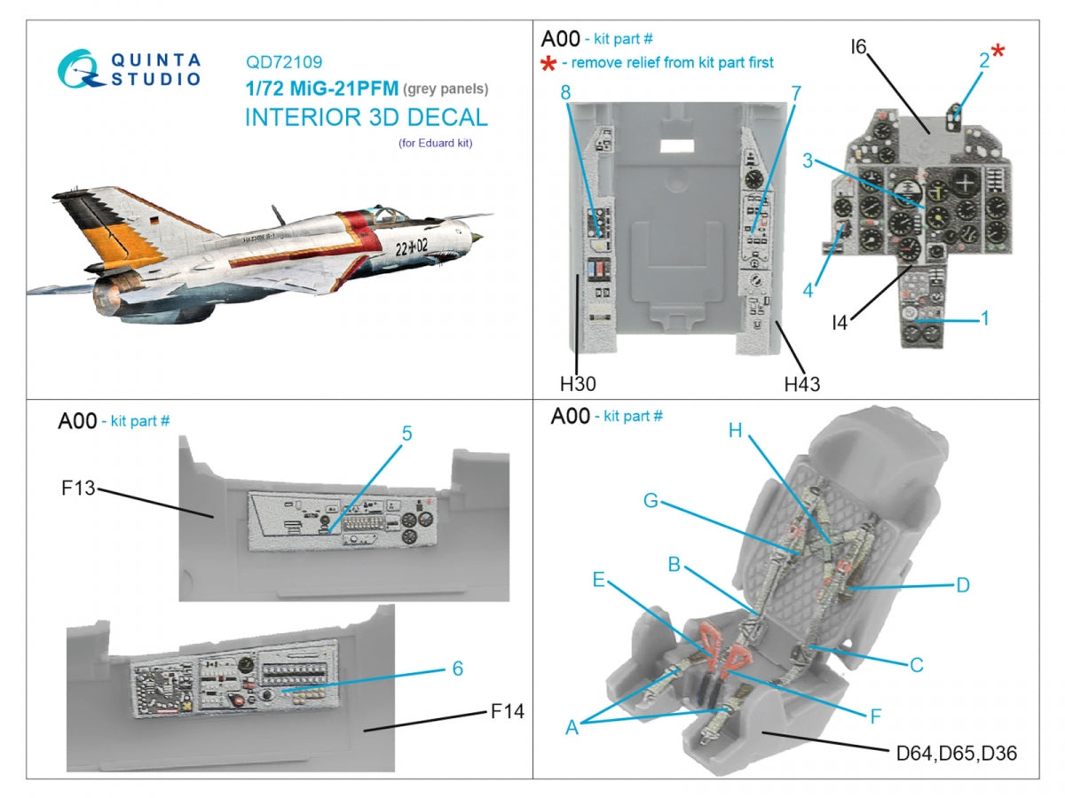 Quinta Studio QD72109 MiG-21PFM Gray panels 3D-Printed &amp;amp; coloured Interior on decal paper (Eduard) 1/72 – Bild 2