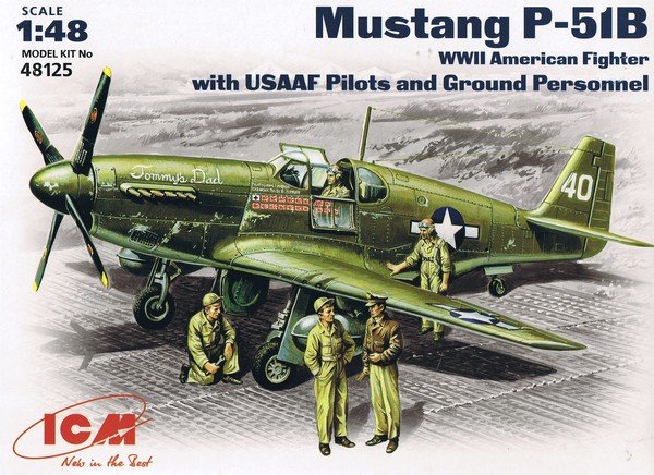 Maquette ICM 48125 North American Mustang P-51B Chasseur américain de la Seconde Guerre mondiale avec pilotes et personnel au sol de l'US Air Force (1/48) 