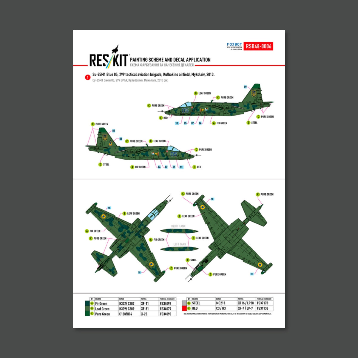 RESKIT RSB48-0006 Su-25 Frogfoot Clover (BLUE 03, 05, 41, 45) Ukrainian Air Forces (Main Decals with Stencils)1/48