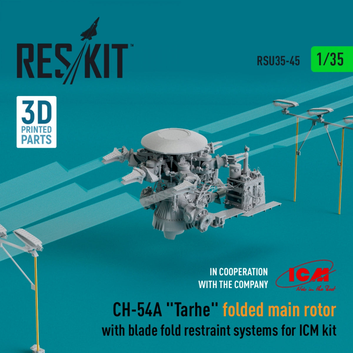 RESKIT RSU35-0045 CH-54A "TARHE" FOLDED MAIN ROTOR WITH BLADE FOLD RESTRAINT SYSTEMS FOR ICM KIT (3D PRINTED) 1/35