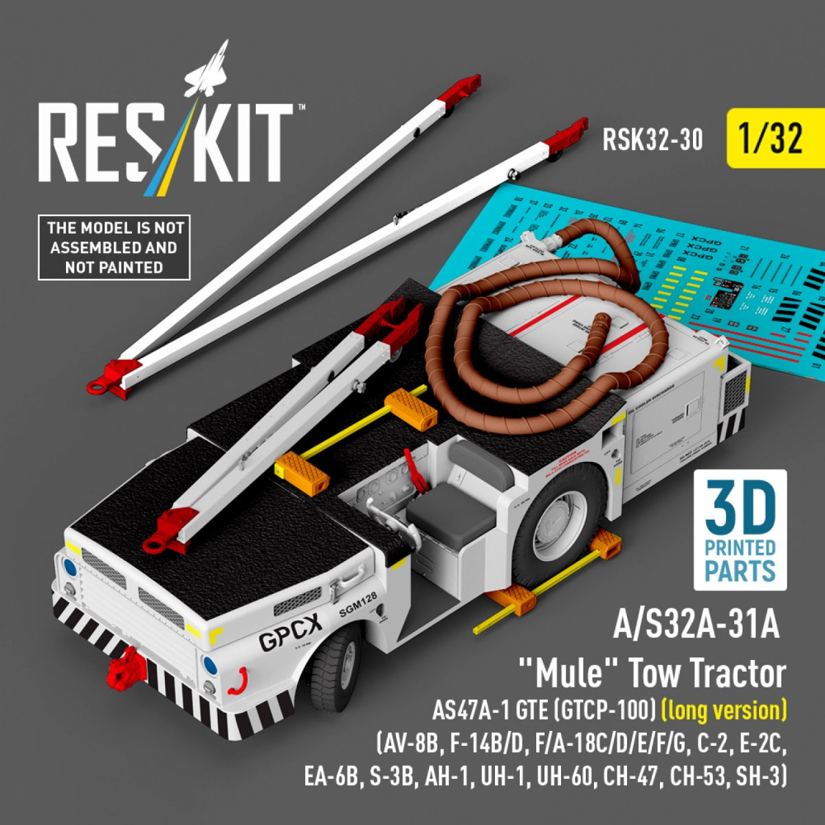 RESKIT RSK32-0030 A/S32A-31A "Mule" Tow Tractor AS47A-1 GTE (GTCP-100) (long version) (AV-8B, F-14B/D, F/A-18C/D/E/F/G, C-2, E-2С, EA-6B, S-3B, AH-1, UH-1, UH-60, CH-47, CH-53, SH-3) (3D Printed model kit) 1/32
