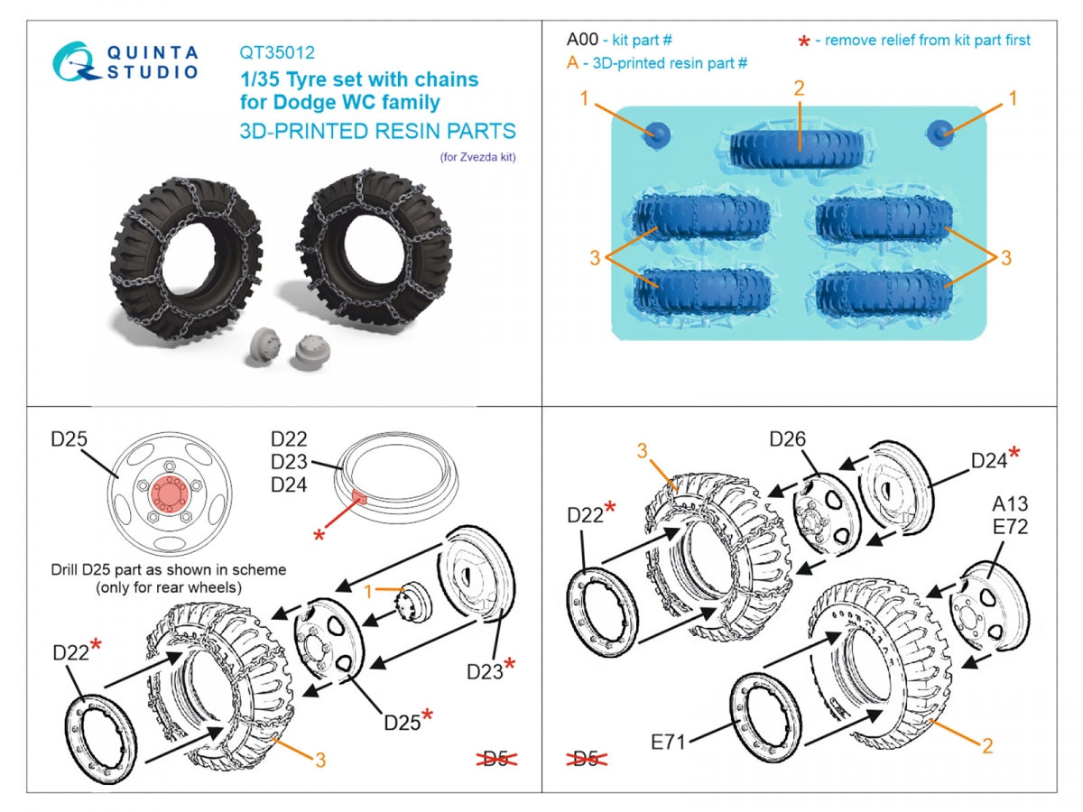 Quinta Studio QT35012 Dodge WC Family tyre set with chains (Zvezda) 1/35 – imagen 9