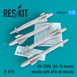 RESKIT RS72-0179 KH-25ML (AS-10 KAREN) MISSILES AVEC APU-68 (4 PIÈCES) 1/72
