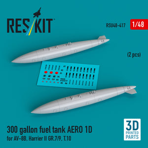 Réservoir de carburant RESKIT RSU48-0417 de 300 gallons AERO 1D pour AV-8B, Harrier II GR.7/9, T.10 (2 pièces) (Impression 3D) 1/48