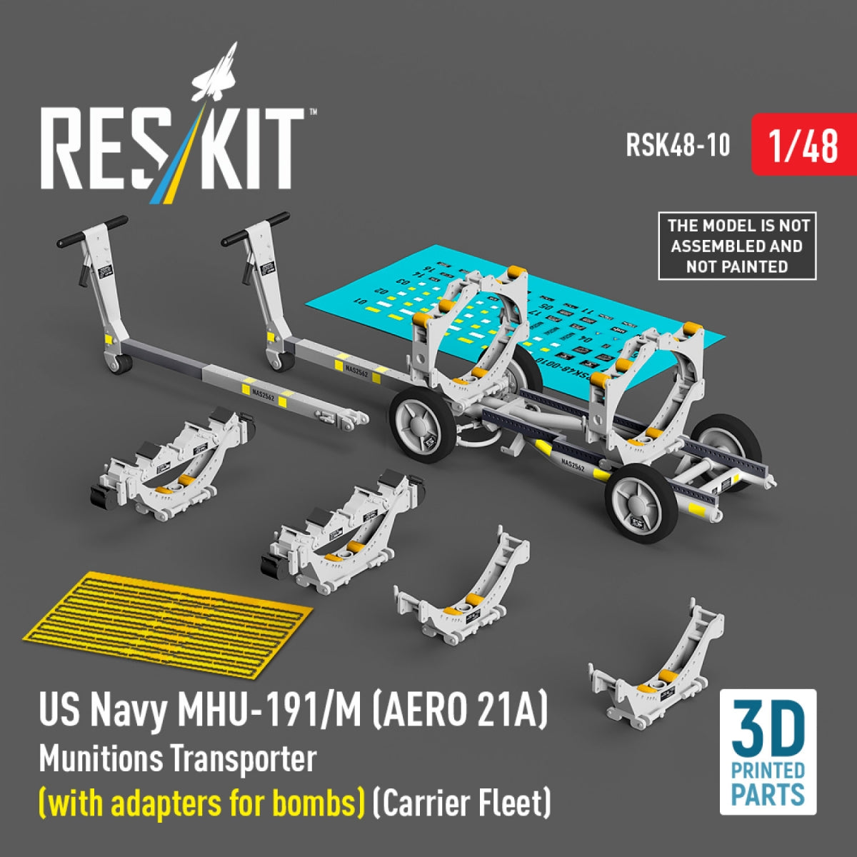 RESKIT RSK48-0010 US NAVY MHU-191/M (AERO 21A) Munitions Transporter (with adapters for bombs) (Carrier Fleet) (3D Printed model kit) 1/48 – immagine 2