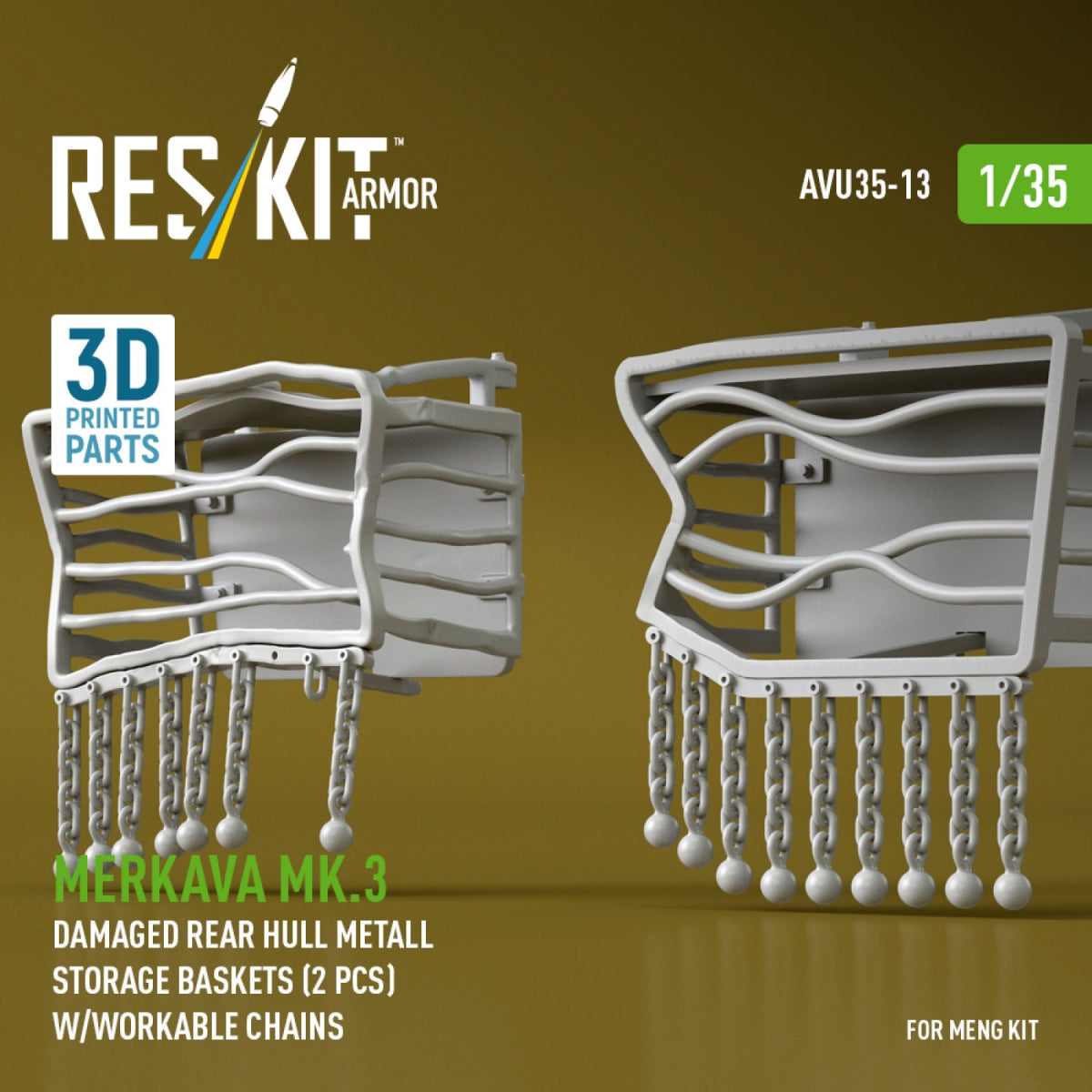 RESKIT AVU35-0013 Merkava Mk.3 damaged rear hull metall storage baskets (2 pcs) w/workable chains for Meng kit (3D Printed) 1/35