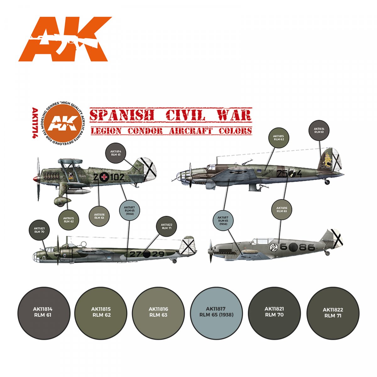 AK Interactive AK11714 SPANISH CIVIL WAR. LEGION CONDOR AIRCRAFT COLORS 6x17 ml – immagine 2