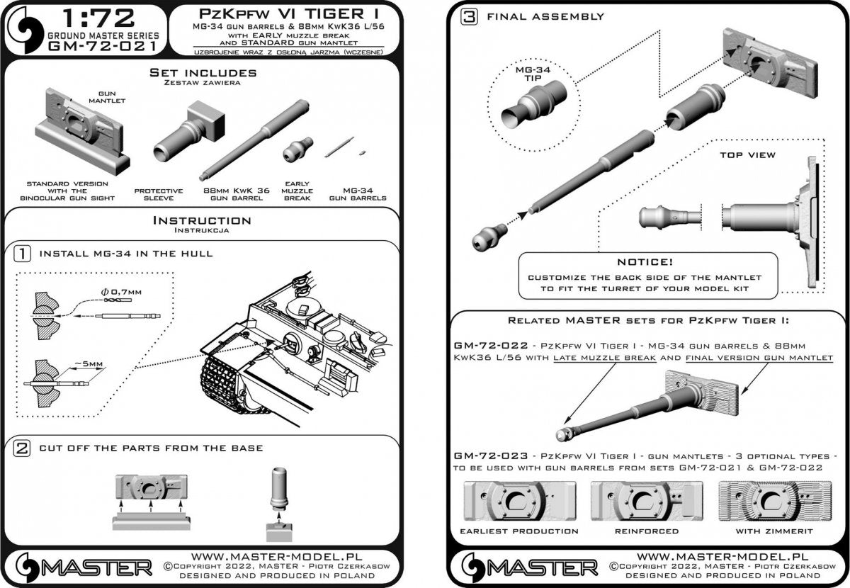 Master GM-72-021 PzKpfw VI Tiger I - MG-34 gun barrels &amp;amp; 88mm KwK36 L/56 with early muzzle break and standard gun mantlet 1/72 – immagine 15