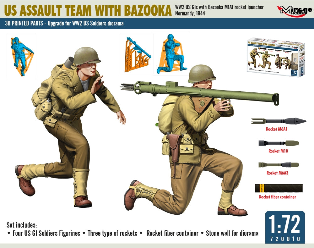 Mirage Hobby 720010 US ASSAULT TEAM WITH BAZOOKA, WW2 US GIs with Bazooka M1A1 Rocket Launcher Normandy, 1944 1/72 – image 3
