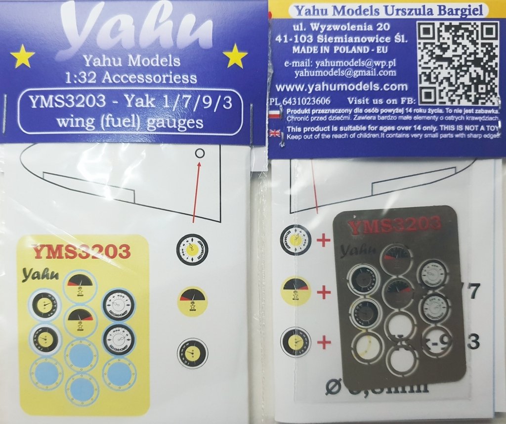 Yahu Models YMS3203 Yak 1 / 7 / 9 / 3 jauges de carburant d'aile 1/32