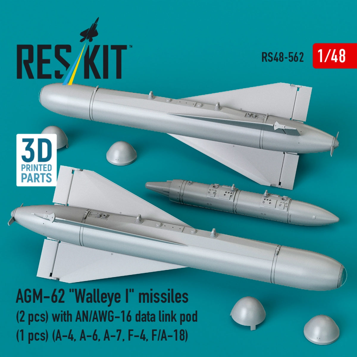 RESKIT RS48-0562 AGM-62 "Walleye I" missiles (2 pcs) with AN/AWG-16 data link pod (1 pcs) (A-4, A-6, A-7, F-4, F/A-18) (3D Printed) 1/48