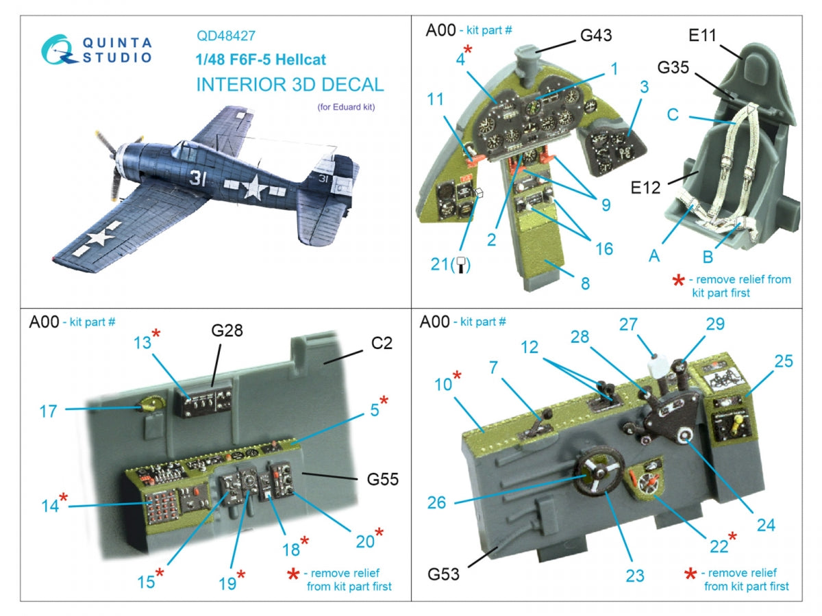 Quinta Studio QD48427 F6F-5 Hellcat 3D-Printed coloured Interior on decal paper (Eduard) 1/48 – immagine 5