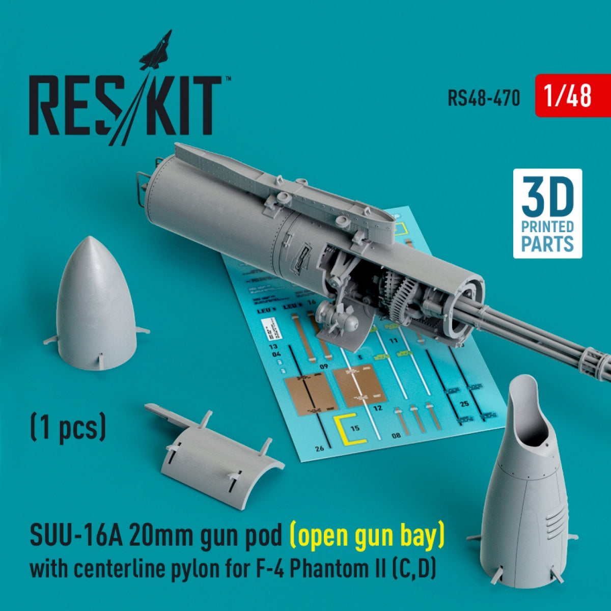 RESKIT RS48-0470 Nacelle de canon SUU-16A de 20 mm (baie ouverte) avec pylône central pour F-4 Phantom II (C,D) (1 pièce) (Impression 3D) 1/48