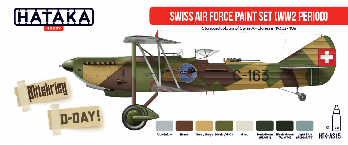 Coffret de peinture Hataka HTK-AS15 pour l&amp;#39;armée de l&amp;#39;air suisse (période de la Seconde Guerre mondiale) (8 x 17 ml)