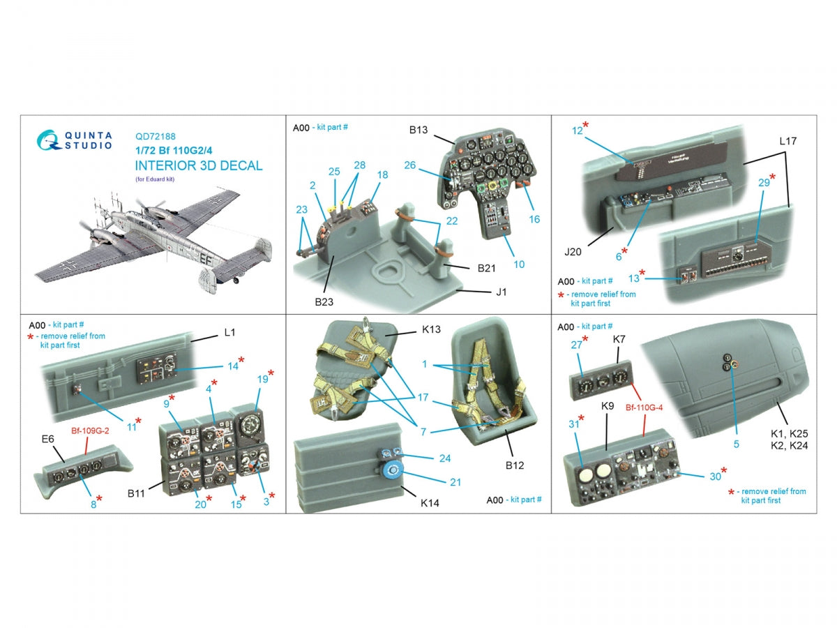 Quinta Studio QD72188 Bf 110G2/4 3D-Printed &amp;amp; coloured Interior on decal paper (Eduard) 1/72 – immagine 2