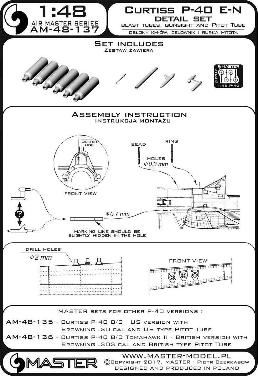 Master AM-48-137 Curtiss P-40 E - N - zestaw detali - osłony km-ów, celownik i Rurka Pitota 1/48 – immagine 4
