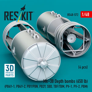 RESKIT RS48-0572 Mk-38 Depth bombs (650 lb) (4 pcs) (PB4Y-1, PB4Y-2, PBY/PBN, PB2Y, SBD, TBF/TBM, PV-1, PV-2, PBM) (3D Printed) 1/48