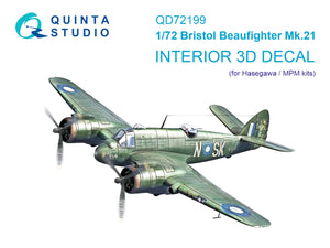 Intérieur imprimé en 3D et coloré sur papier décalcomanie Quinta Studio QD72199 Bristol Beaufighter Mk.21 (Hasegawa/MPM) 1/72