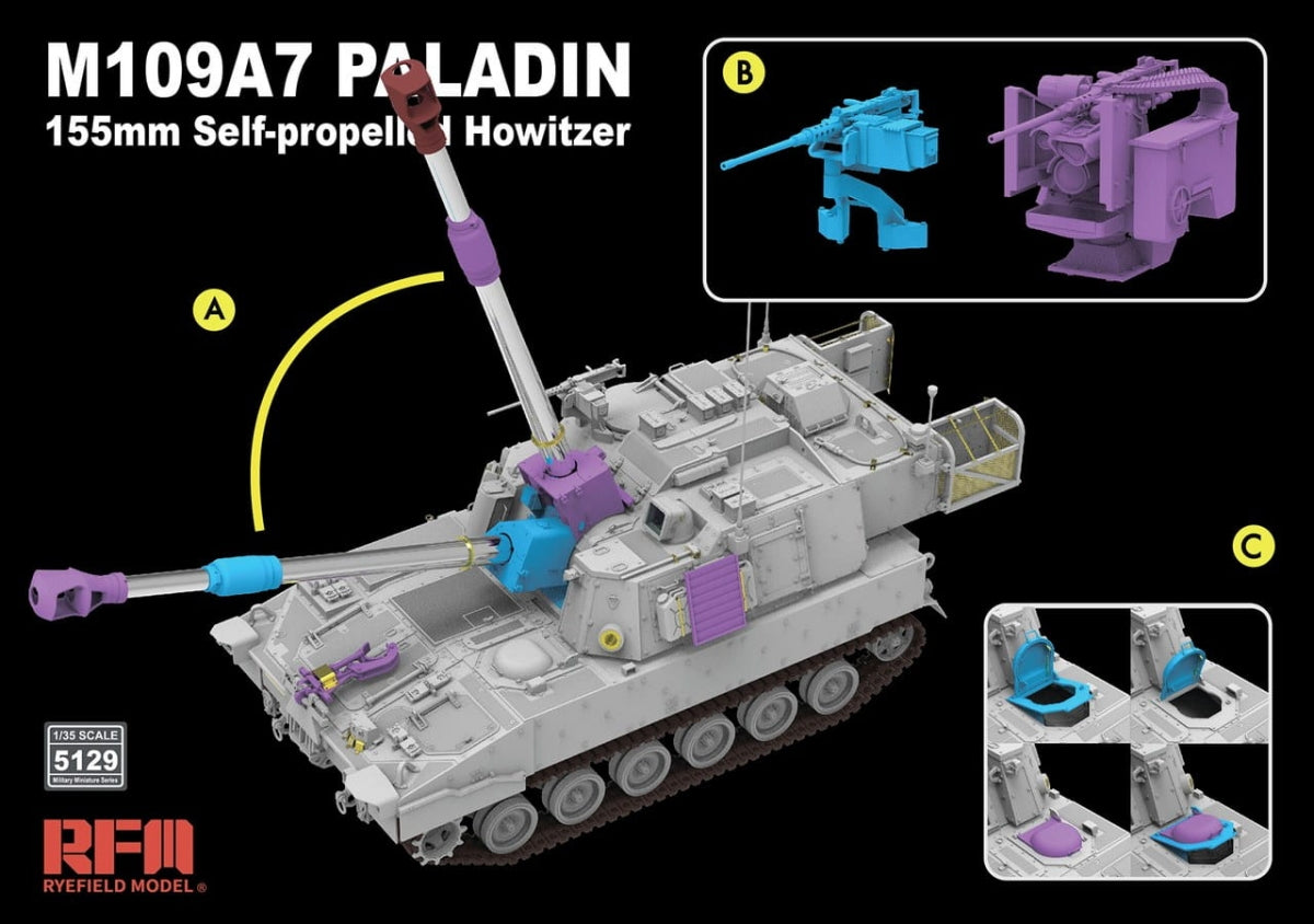 Maquette Rye Field 5129 M109A7 PALADIN Obusier automoteur de 155 mm avec chenilles fonctionnelles, échelle 1/35 – image 3