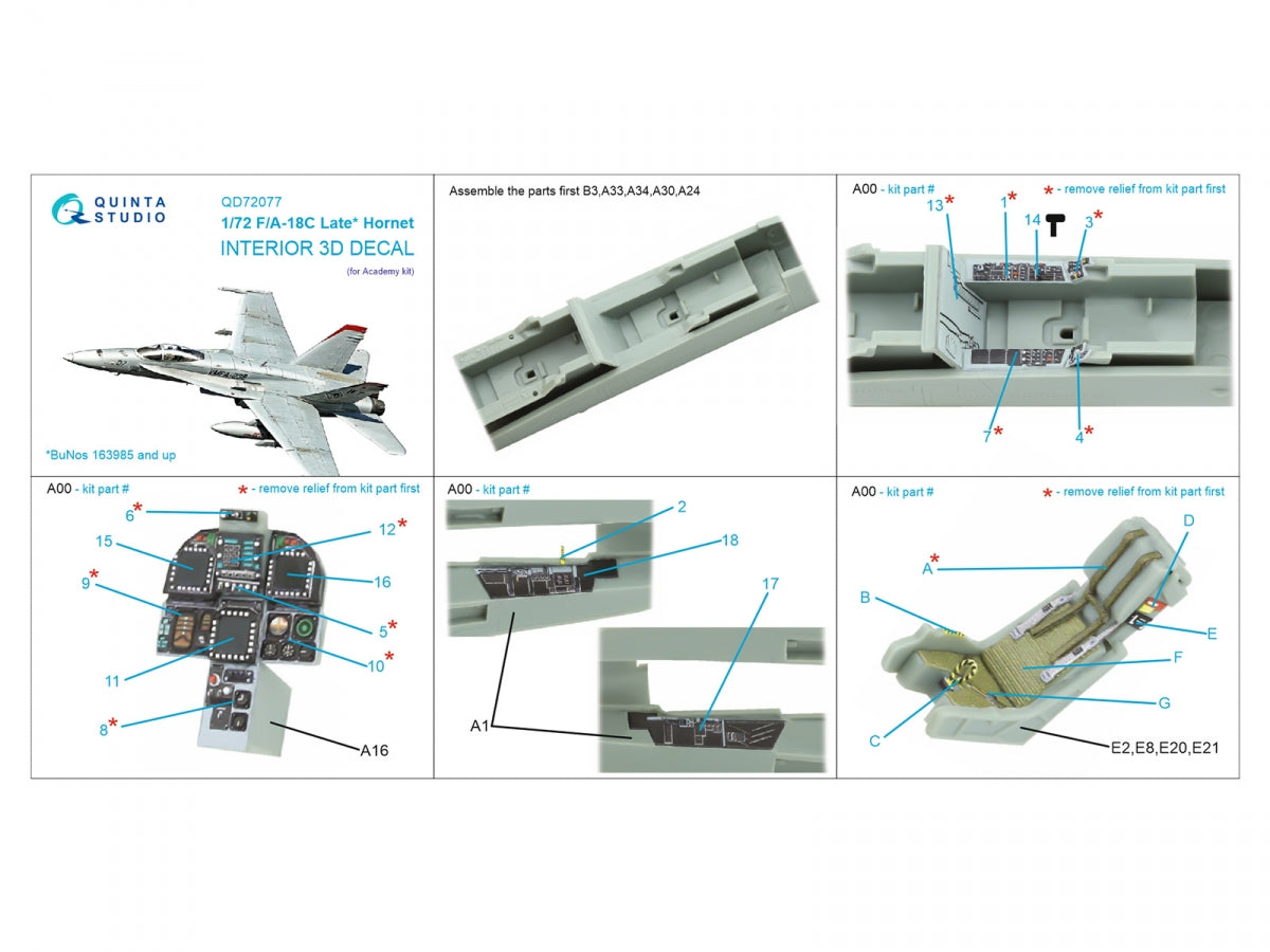 Quinta Studio QD72077 F/A-18C late 3D-Printed &amp;amp; coloured Interior on decal paper (Academy) 1/72 – immagine 13
