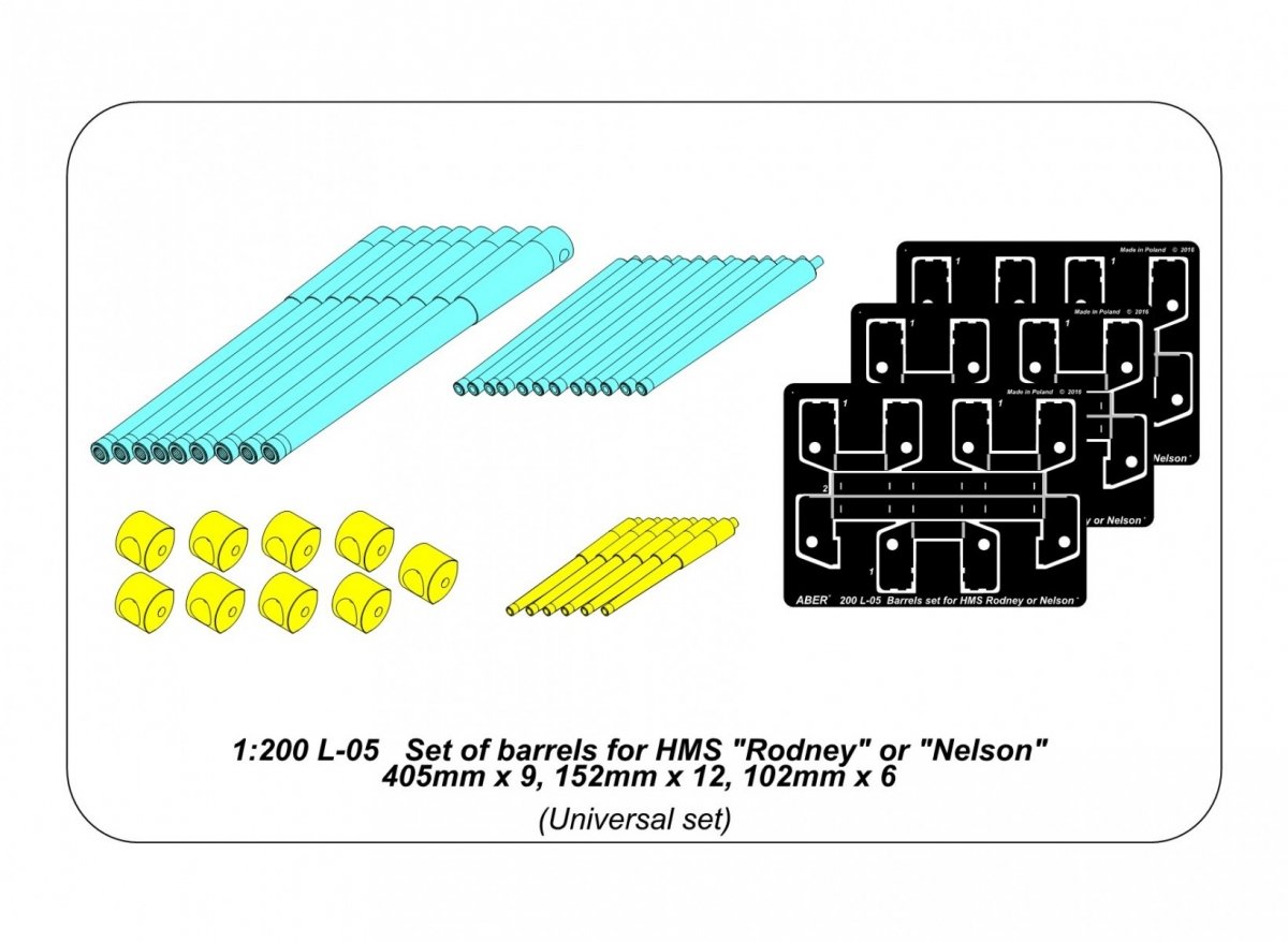 Aber 200L-05 Set of barrels for HMS Rodney or Nelson - 405mm x 9, 152mm x 12, 102mm x 6 1/200 – imagen 6