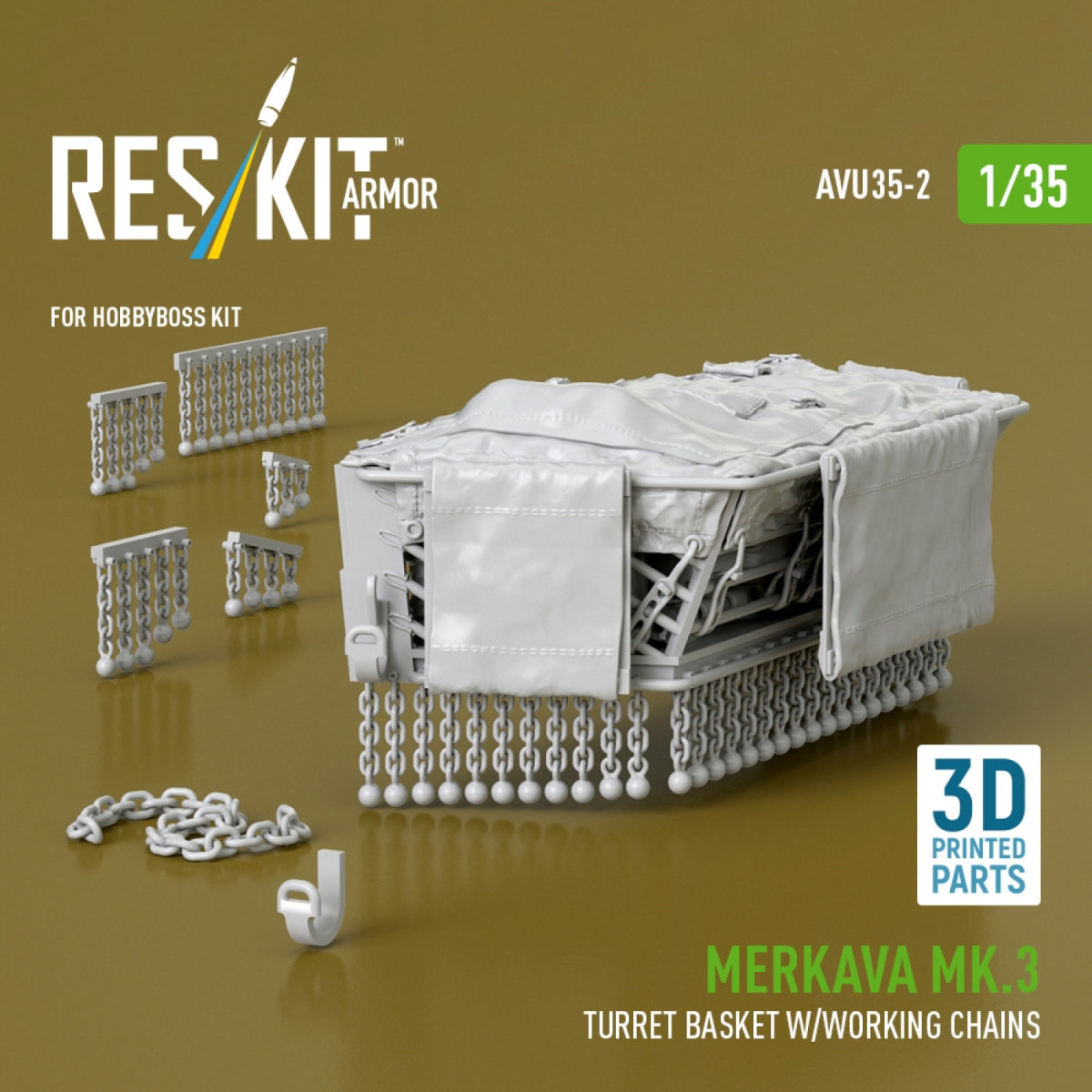 RESKIT AVU35-0002 Merkava Mk.3 turret stowage basket w/working chains for HobbyBoss kit (3D Printed) 1/35