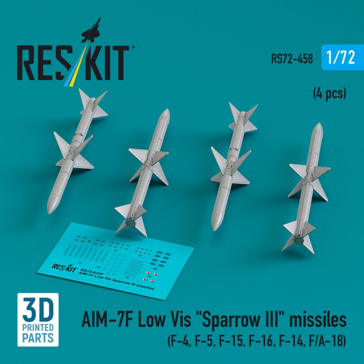 RESKIT RS72-0458 AIM-7F Low Vis "Sparrow III" missiles (4 pcs) (3D Printed) 1/72