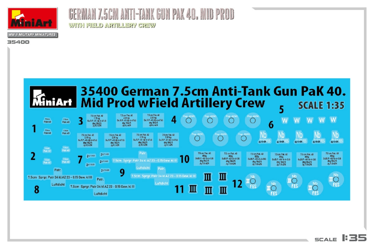 MiniArt 35400 Canon antichar allemand de 7,5 cm PAK 40. Production moyenne avec équipe d&amp;#39;artillerie de campagne 1/35  – image 4