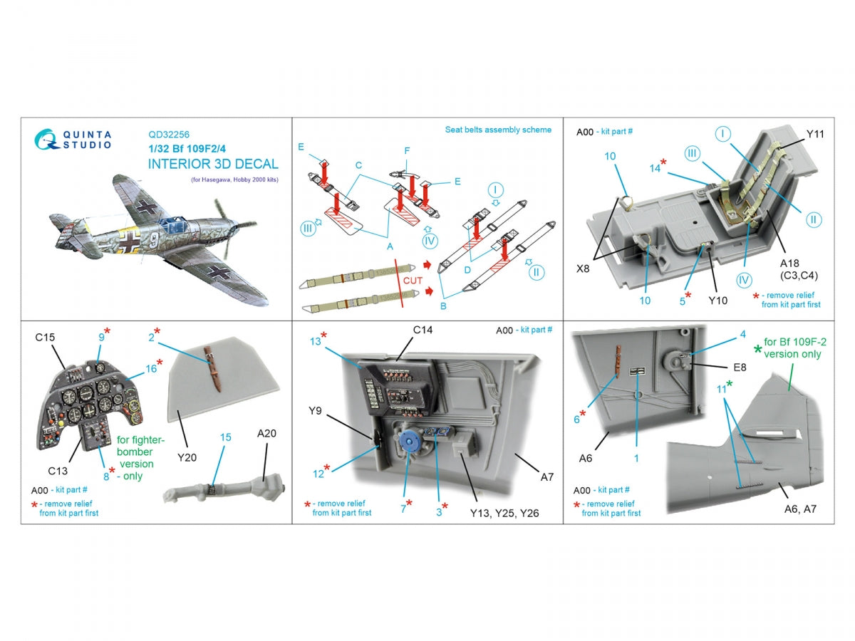Quinta Studio QD32256 Bf 109F2/F4 3D-Printed &amp; coloured Interior on decal paper (Hasegawa) 1/32