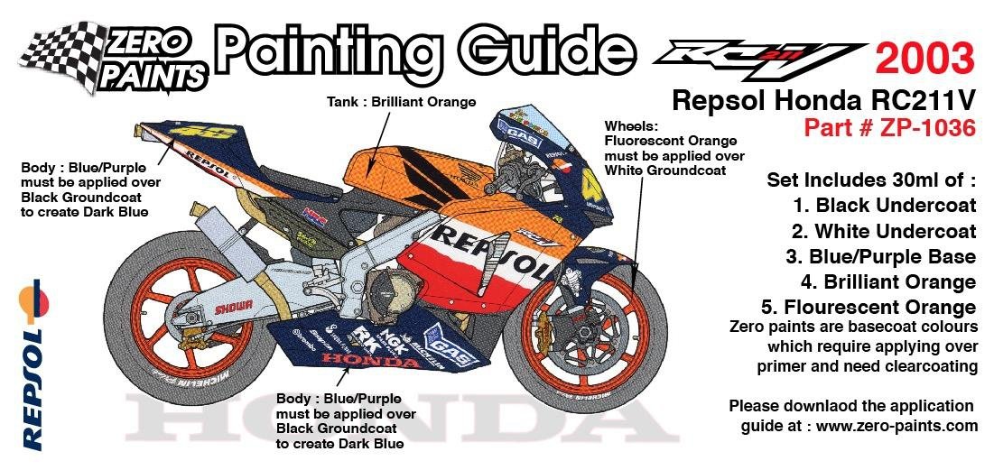 Coffret de peinture Zero Paints ZP-1036 Repsol Honda RC211V 2003 (5 x 30 ml)