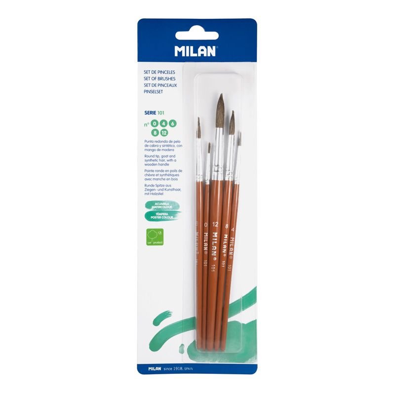 Milan 10461 Blister pack 5 round brushes (goat &amp;amp; synthetic hair) 101 series no 0, 4,6, 8 and 12