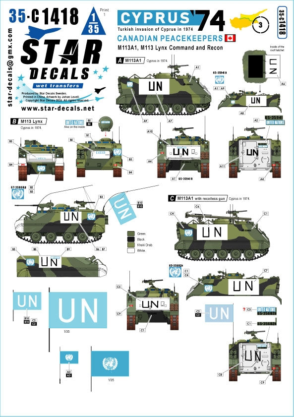 Star Decals 35-C1418 Cyprus 74 3. Turkish invasion of Cyprus in 1974. Canadian Peacekeepers. M113A1, M113A1 with recoiless gun, and M113 Lynx Command Recon 1/35