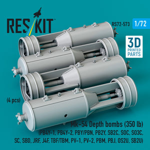RESKIT RS72-0573 Mk-54 Depth bombs (350 lb) (4 pcs) (PB4Y-1, PB4Y-2, PBY/PBN, PB2Y, SB2C, SOC, SO3C, SC, SBD, JRF, J4F, TBF/TBM, PV-1, PV-2, PBM, PBJ, OS2U, SB2U) (3D Printed) 1/72