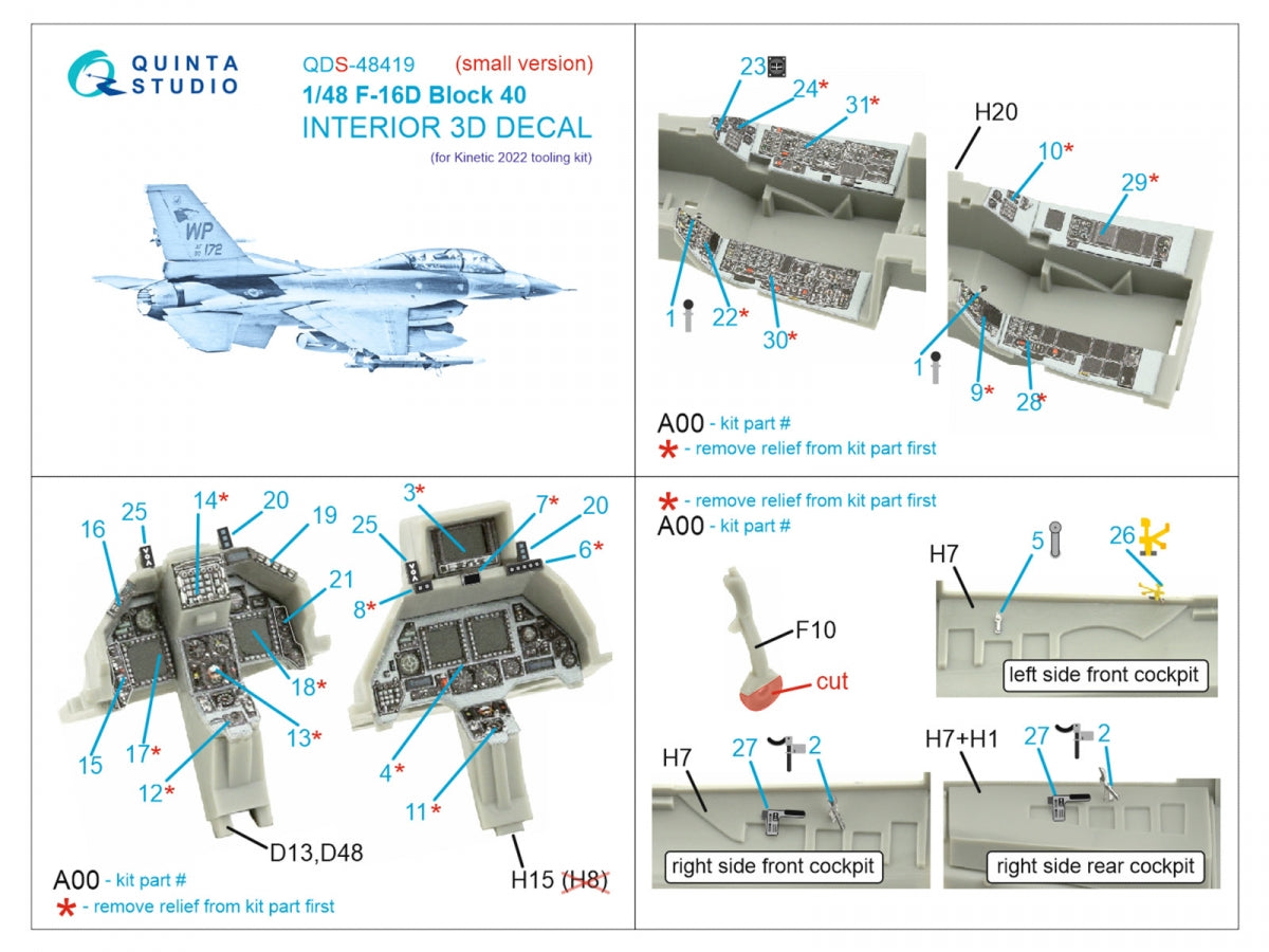 Quinta Studio QDS-48419 F-16D block 40 3D-Printed &amp;amp; coloured Interior on decal paper (Kinetic 2022 tool) (Small version) 1/48 – Bild 2