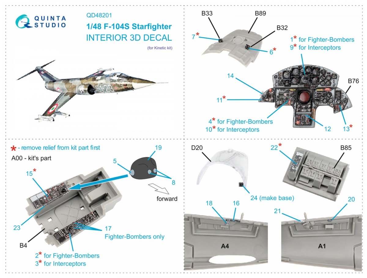Quinta Studio QD48201 F-104S 3D-Printed &amp;amp; coloured Interior on decal paper (Kinetic) 1/48 – immagine 2