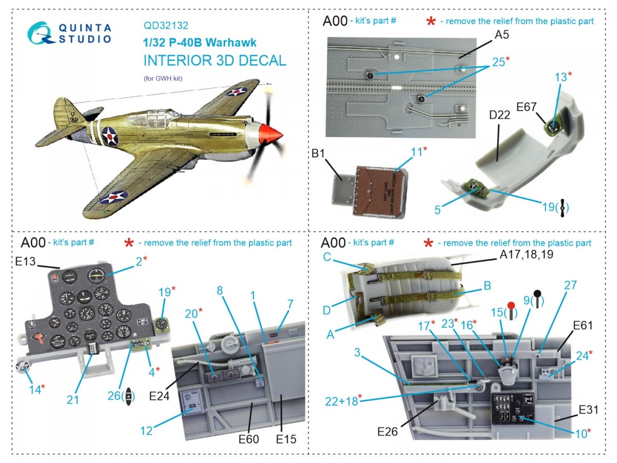 Quinta Studio QD32132 P-40B 3D-Printed &amp;amp; coloured Interior on decal paper (GWH) 1/32 – imagen 6