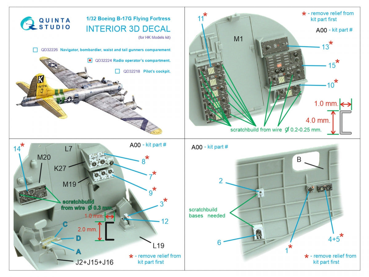 Quinta Studio QD32224 Compartiment de l&amp;#39;opérateur radio pour Boeing B-17G. Intérieur coloré imprimé en 3D sur papier décalcomanie (HK models) 1/32 – image 2