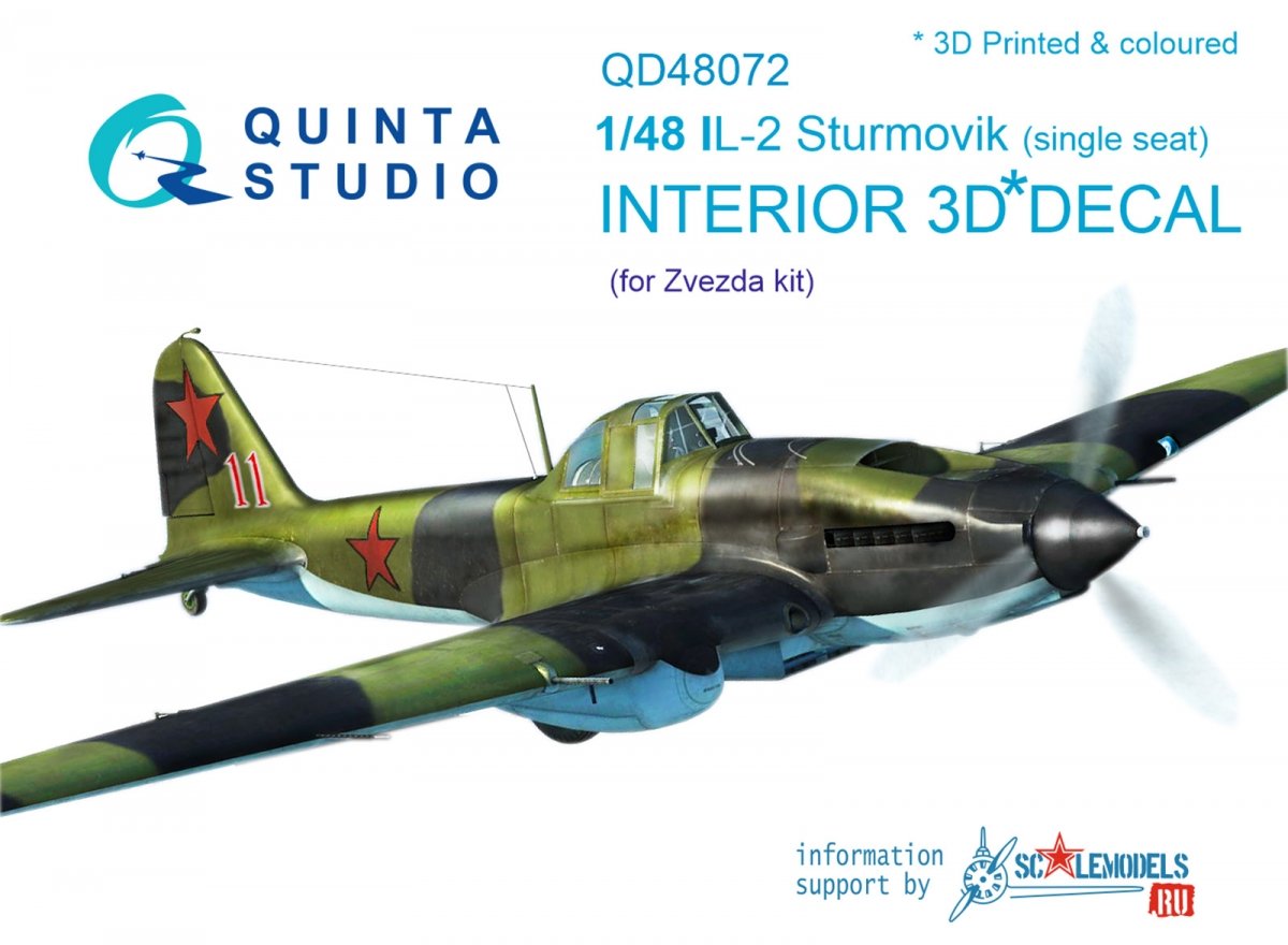 Quinta Studio QD48072 Il-2 Single seat 3D-Printed &amp;amp; coloured Interior on decal paper (for kit) 1/48