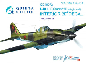 Quinta Studio QD48072 Il-2 Single seat 3D-Printed &amp;amp; coloured Interior on decal paper (for kit) 1/48