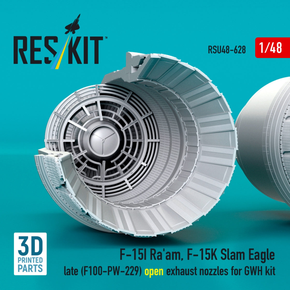 RESKIT RSU48-0628 F‑15I Ra'am, F‑15K Slam Eagle late (F100-PW-229) open exhaust nozzles for GWH kit (3D Printed) 1/48