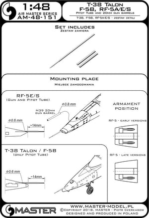 Master AM-48-151 T-38 Talon / F-5B / RF-5A, E, S - Rurka Pitota i lufy działek 20mm 1/48 – imagen 3