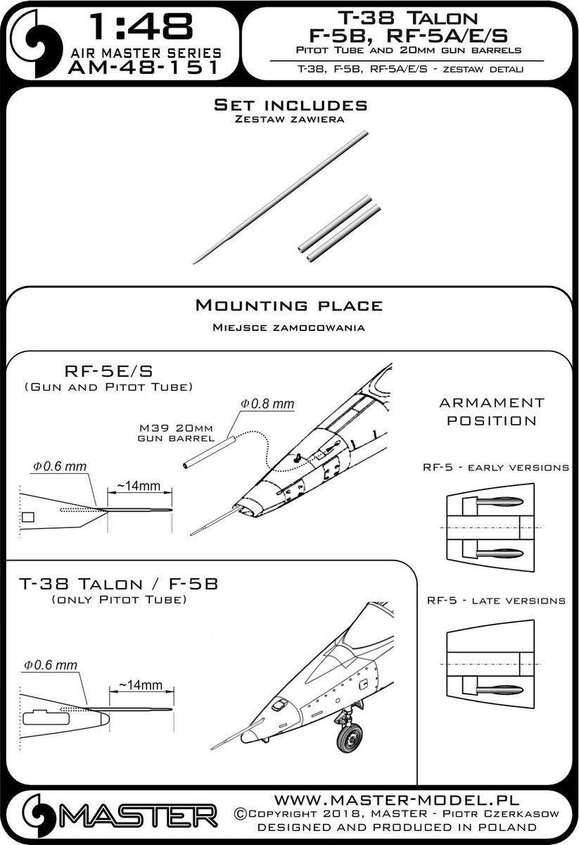 Master AM-48-151 T-38 Talon / F-5B / RF-5A, E, S - Rurka Pitota i lufy działek 20mm 1/48 – imagen 3
