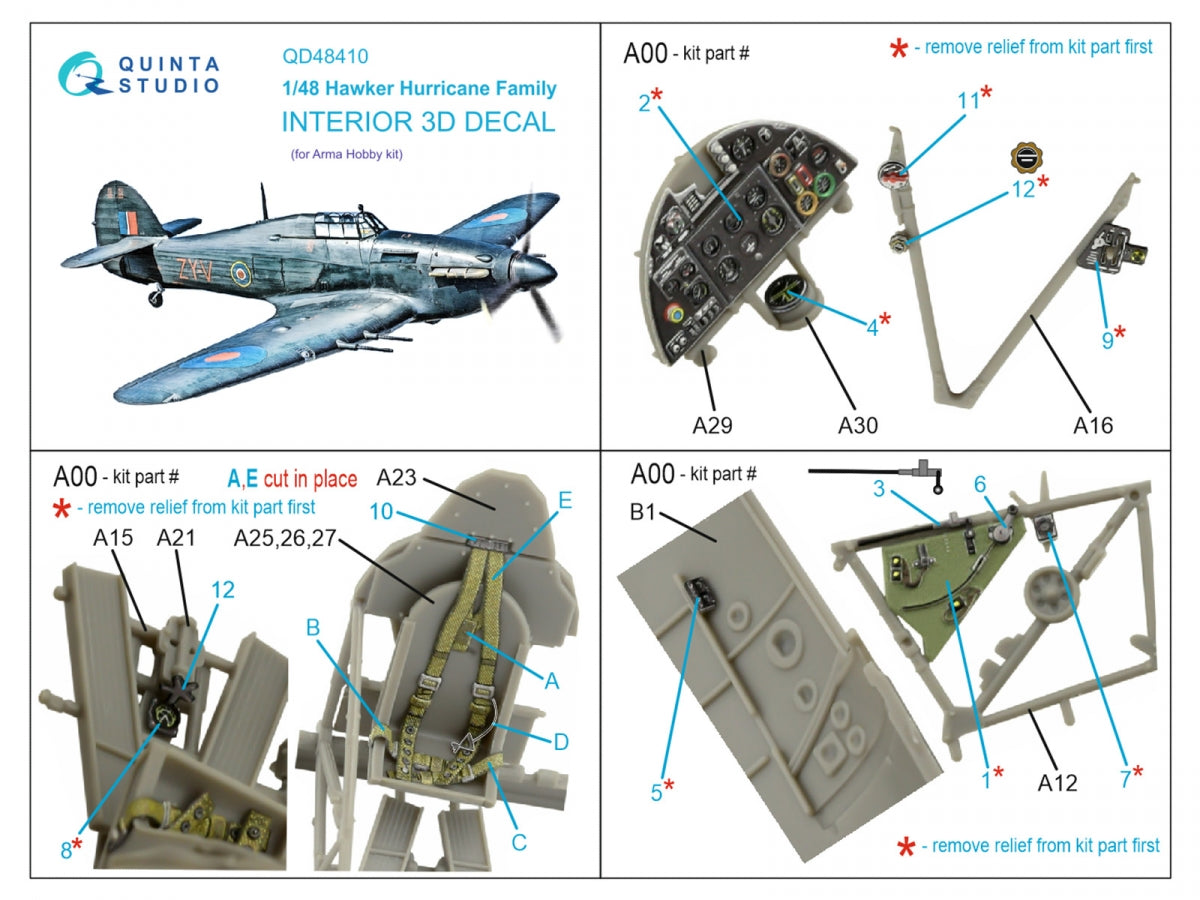 Quinta Studio QD48410 Hurricane family 3D-Printed &amp;amp; coloured Interior on decal paper (Arma Hobby) 1/48 – Bild 2