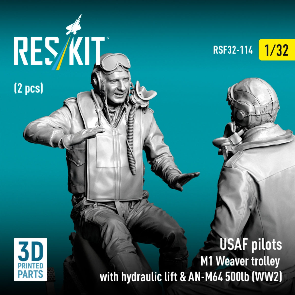 RESKIT RSF32-0114 USAF pilots (2 pcs) &amp; M1 Weaver trolley with hydraulic lift &amp; AN-M64 500lb (WW2) (3D Printed) 1/32
