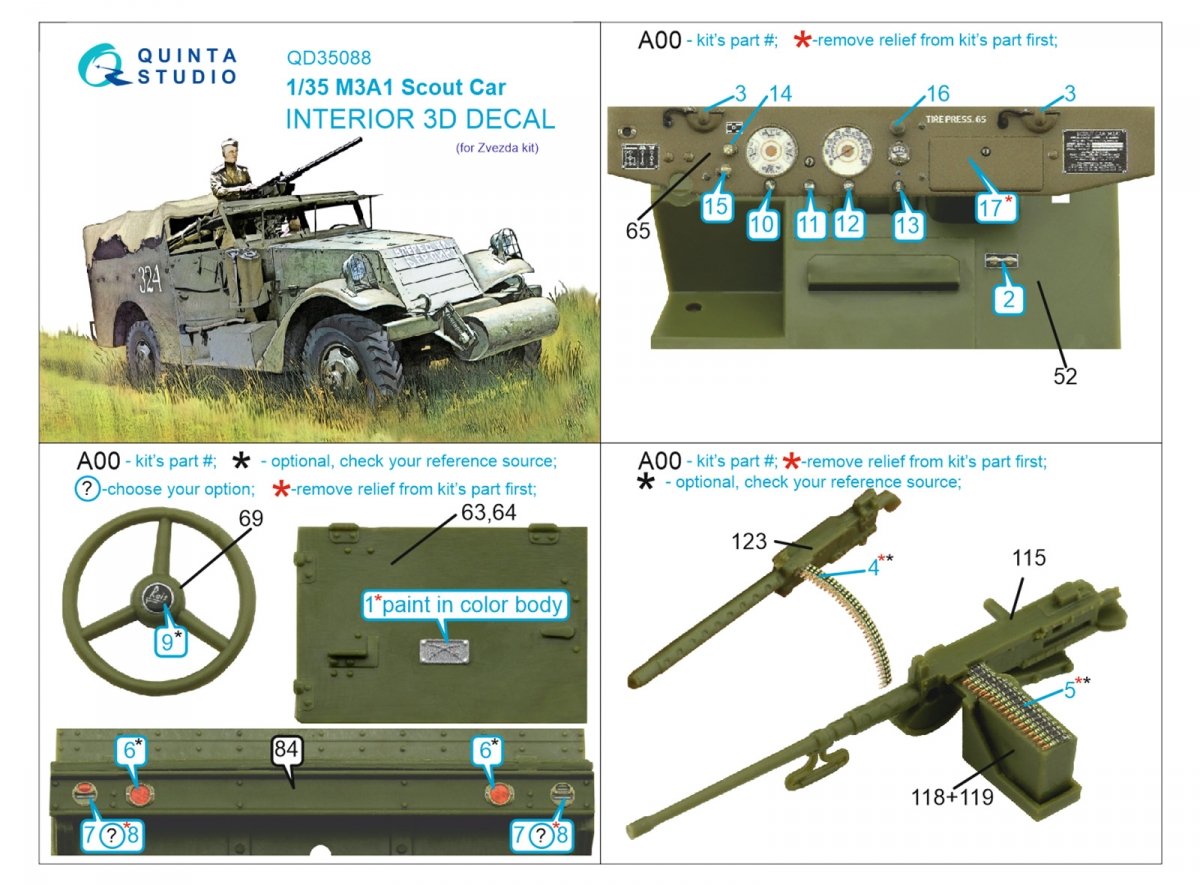 Quinta Studio QD35088 M3A1 Scout 3D-Printed &amp;amp; coloured Interior on decal paper (Zvezda) 1/35 – immagine 2