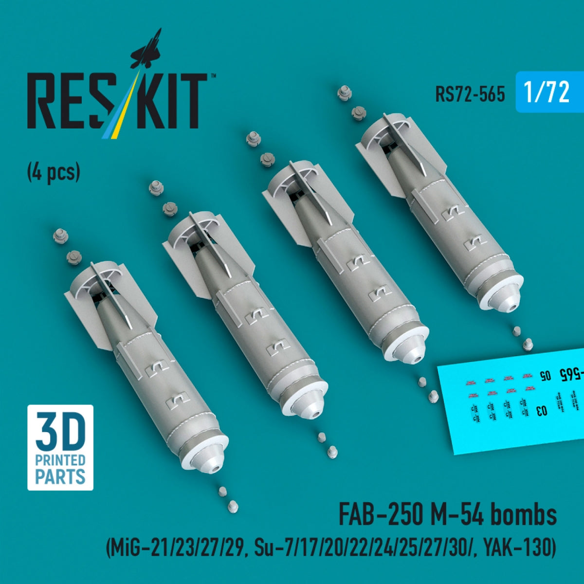 RESKIT RS72-0565 FAB-250 М-54 bombs (4 pcs) (MiG-21/23/27/29, Su-7/17/20/22/24/25/27/30/ YAK-130) (3D Printed) 1/72