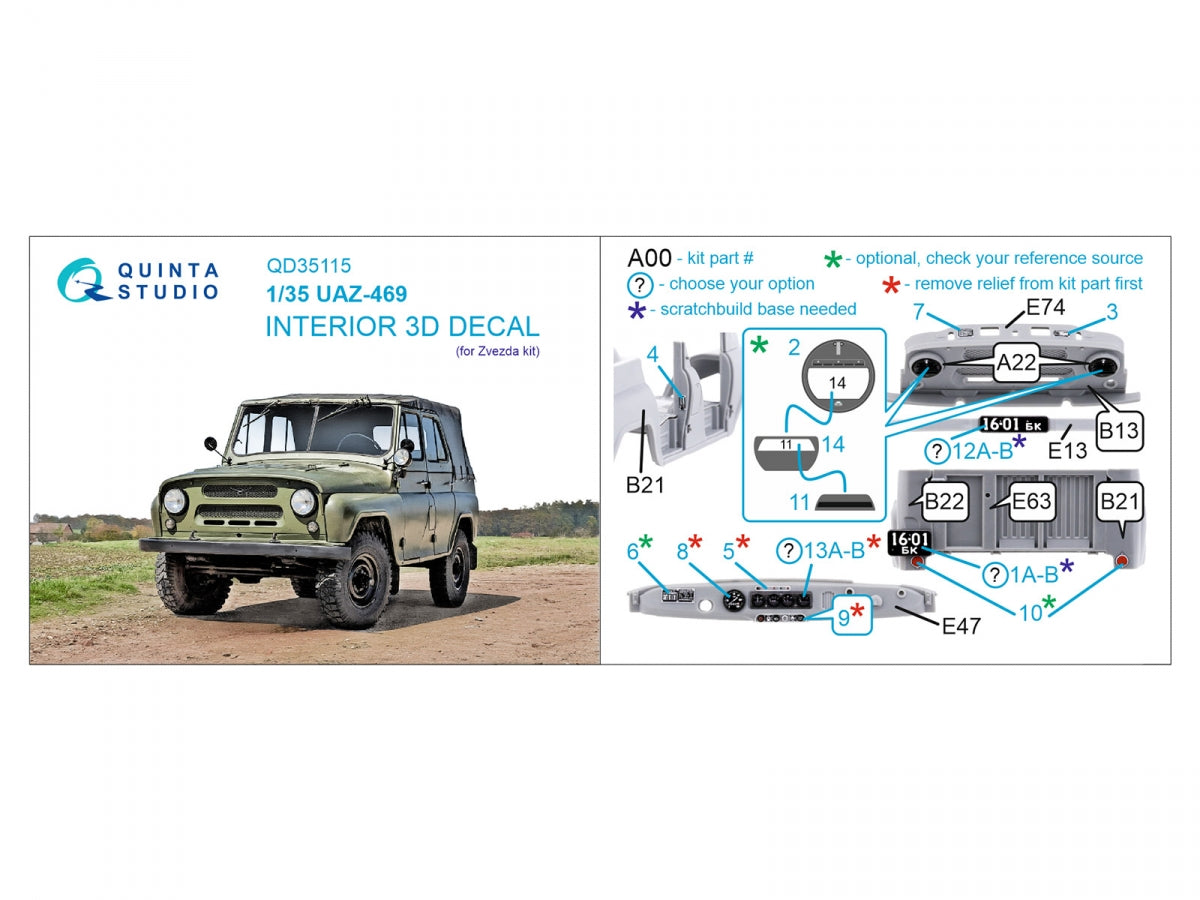 Quinta Studio QD35115 UAZ-469 3D-Printed &amp;amp; coloured Interior on decal paper (Zvezda) 1/35 – immagine 2